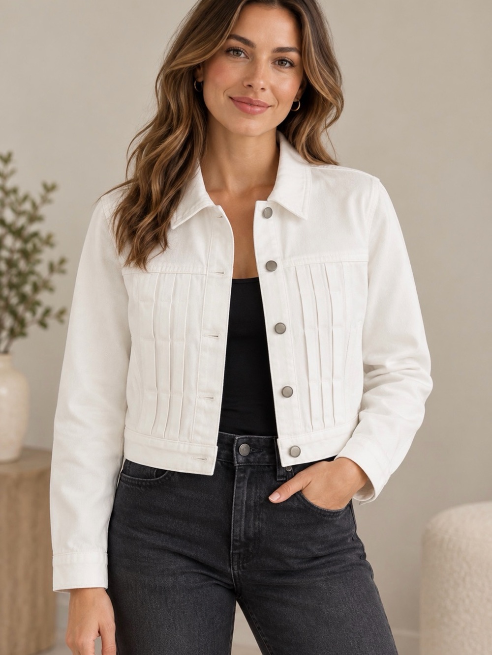 J. Crew White Cropped Pleated-Front Jean Jacket